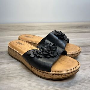 Born Dottie F01405 Womens 8M Black Leather Flower Slides Slip On Sandals Shoe
